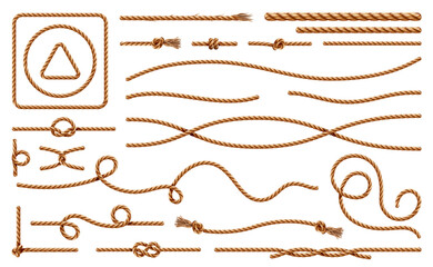 Threads and ropes, cords and knots made of fiber material. Vector realistic cartoon, growth textile wavy lines, curved shape of cable. Nautical loops for navy, tie and braided elements - obrazy, fototapety, plakaty