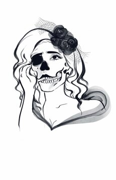 hand drawn tattoo idea of a beautiful woman with skull face. day of the dead drawingn black ink