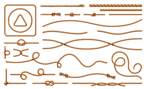 Threads and ropes, cords and knots made of fiber material. Vector realistic cartoon, growth textile wavy lines, curved shape of cable. Nautical loops for navy, tie and braided elements
