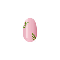 Nail manicure with leaves on pink base realistic vector illustration isolated.