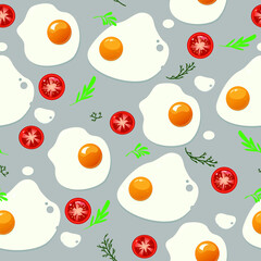 uninterrupted vector pattern scrambled eggs seasoning tomatoes on gray background.For paper,advertising,packaging,textile,wallpaper.