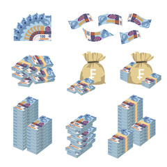 Swiss Franc Vector Illustration. Switzerland, Liechtenstein money set bundle banknotes. Bundle with cash bills. Deposit, wealth, accumulation and inheritance. Falling money 100 fr