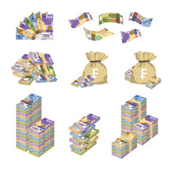 Swiss Franc Vector Illustration. Switzerland, Liechtenstein money set bundle banknotes. Bundle with cash bills. Deposit, wealth, accumulation and inheritance. Falling money 50, 100, 200, 1000 fr