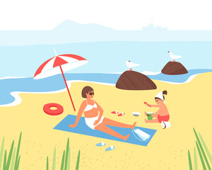 Fototapeta na wymiar Mom and daughter are relaxing on the beach. A child plays with sea sand. A woman in glasses under a beach umbrella is relaxing on the beach. Sea gulls sit on the cobblestones. flat vector illustration