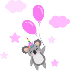 Cute unicorn koala flying holding a balloons on sky with pink clouds and stars © soniagoncalves