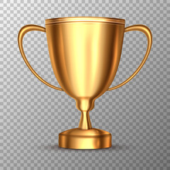 Realistick trophy cup. Champion trophy. Shiny golden cup. Sport award. Winner prize. Vector illustration. - obrazy, fototapety, plakaty
