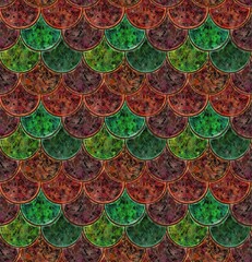 Seamless pattern. Red and green ceramic tiles. Picturesque texture. Fish scale pattern. © anna