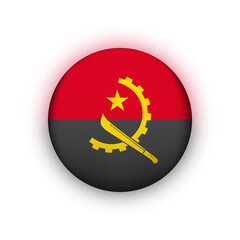 Round icon with flag of Angola. Glass light ball, sticker, sphere. Angolan national symbol. Glossy realistic ball, 3D abstract vector illustration. Template big bubble