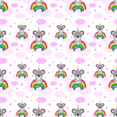 Seamless background with cute unicorn koala on rainbow and pink clouds