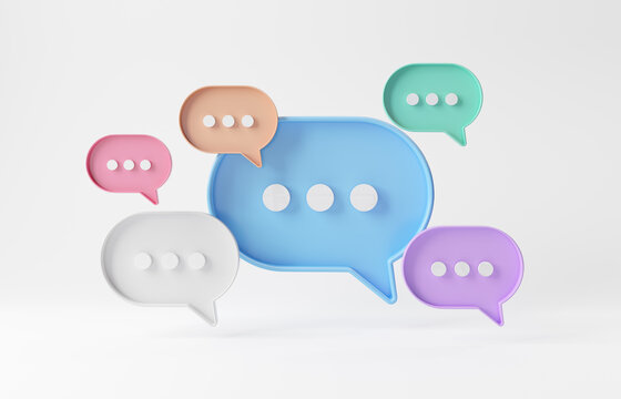 Minimalist colorful speech bubbles talk icons floating over white background. Modern conversation or social media messages with shadow. 3D rendering