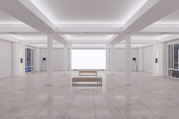 Modern spacious concrete exhibition interior with empty white mock up banner on wall, windows and night city view. Gallery concept. 3D Rendering.