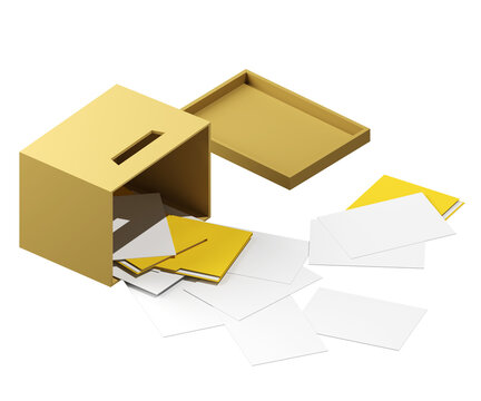 Box with documents. Overturned cardboard box with office files. Office cleaning. Carelessness of employees. Dismissal. Illustration in cartoon style. 3d render, isolate.