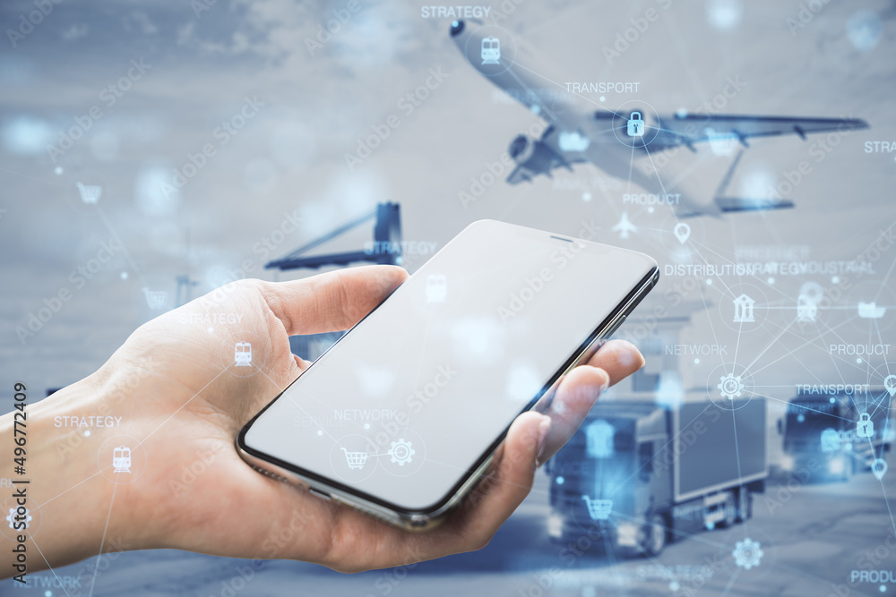 Poster close up female hand holding mock up smartphone with abstract glowing blurry global delivery scheme 