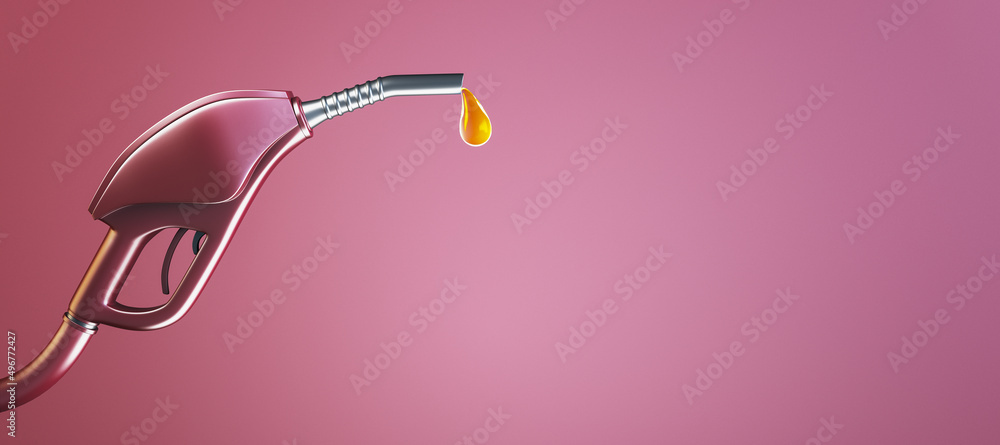 Poster fuel pistol pump nozzle with petrol drop on wide pink background with mock up place. 3d rendering.