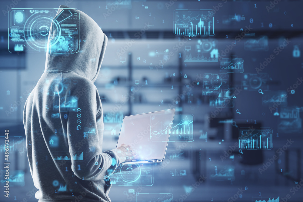 Aufkleber Hacker in hoodie using laptop with abstract creative business charts and binary code on blurry office interior background. System engineering and digital transformation concept. Double exposure.