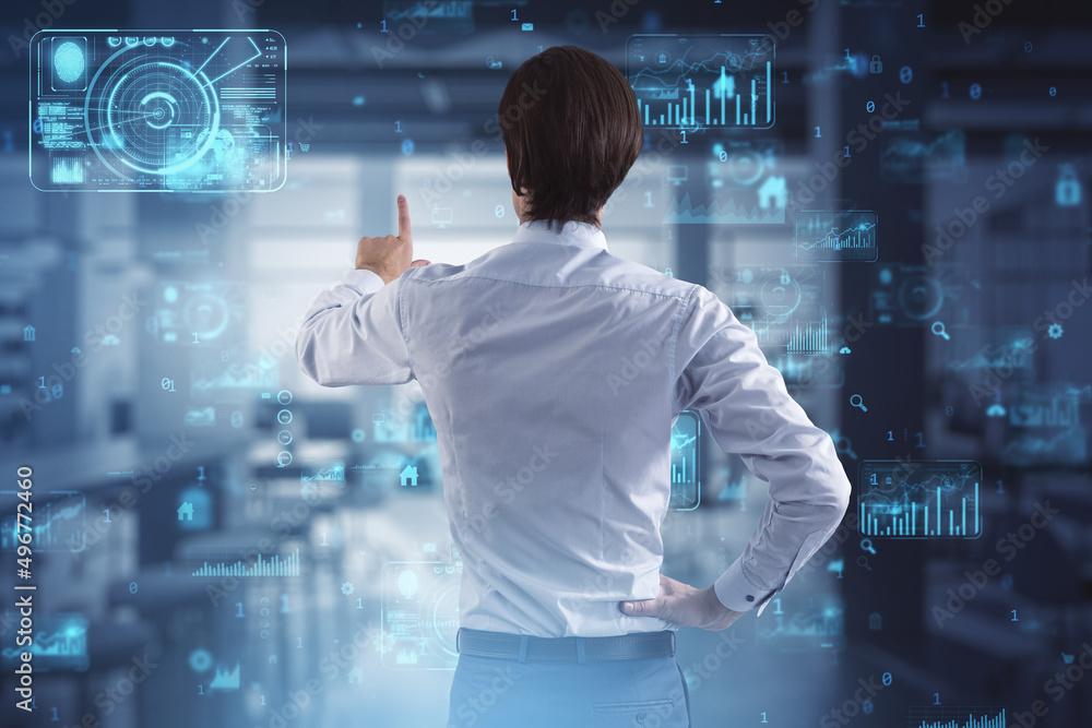 Poster  attractive european businessman using abstract creative business charts and binary code hologram on blurry office interior background. System engineering and digital transformation concept.
