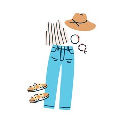 Summer fashion outfit for women. Casual female clothes set with hat, jeans pants, sandals, bracelets and blouse. Trendy garments with accessories. Flat vector illustration isolated on white background