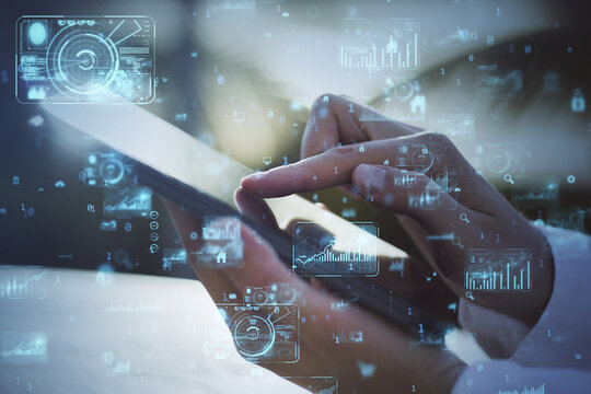 Close up of businessman hands using smartphone with abstract creative business charts and binary code hologram on blurry background. System engineering and digital transformation concept.