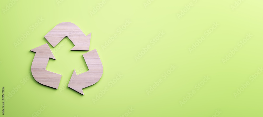 Poster White recycle sign on green background with wide mock up place. Reuse and waste concept. 3D Rendering.