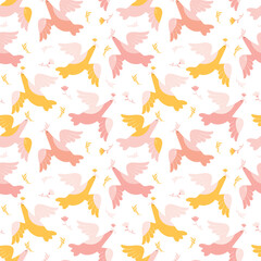 Spring seamless pattern with flying birds on a white background. Pink and yellow birds with flowers and olive branches in their beaks. Design in pastel colors for textiles, print, wallpaper