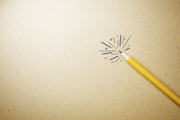 Yellow pencil drawing magic on light wall background. Creativity and art concept. 3D Rendering.