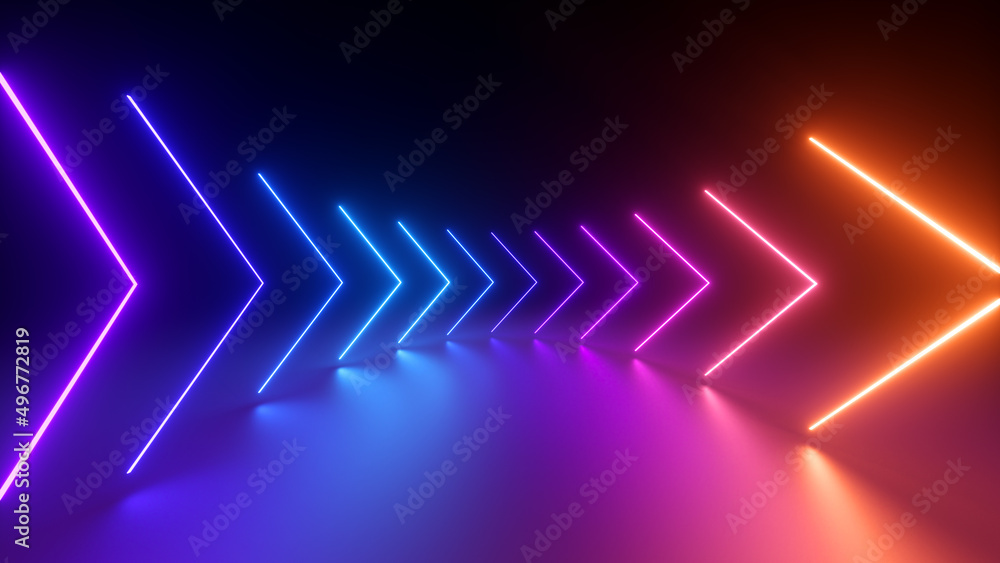 Poster 3d render, abstract geometric background with colorful arrows glowing with neon light