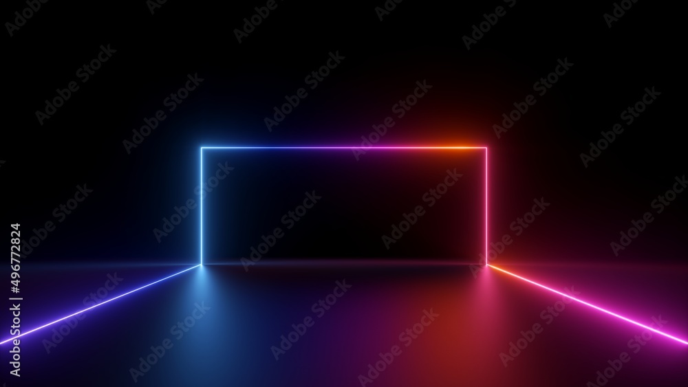 Wall mural 3d render, abstract curvy line glowing with colorful neon light over black background, frame with co
