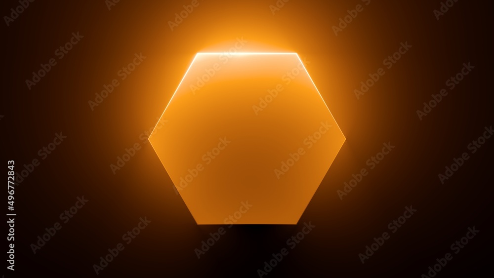 Poster 3d render, abstract simple neon background with glowing hexagonal honeycomb shape. blank geometric f