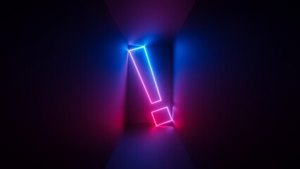 3d render, abstract neon background with exclamation sign. Simple symbol inside the square box, glowing with pink blue light