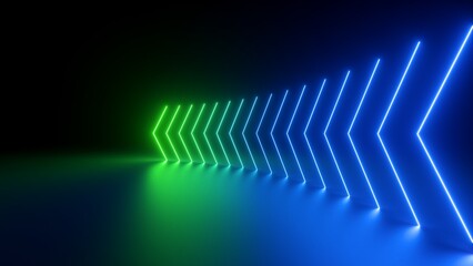 3d render, abstract panoramic green blue neon background with arrows showing left direction © wacomka
