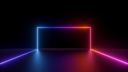 3d render, abstract curvy line glowing with colorful neon light over black background, frame with copy space