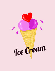 Homemade ice cream in waffle cone. Fruity ice cream.