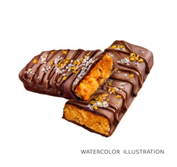 Chocolate bars watercolor illustration isolated on white background.