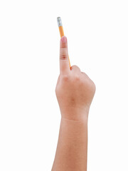 Index finger holding up pencil showing pointing point on isolated white background