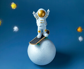 miniature astronaut figurine on a skateboard, International Day of Human Space Flight concept