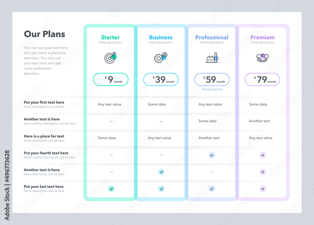 Leinwandbilder modern pricing table template with four plans. flat infographic design template for website or prese