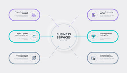 Modern business services concept with six stages. Easy to use for your website or presentation.