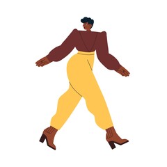 Modern black woman walking in fashion outfit, wearing elegant blouse and trousers pants. Stylish female going in fashionable clothes. Flat graphic vector illustration isolated on white background