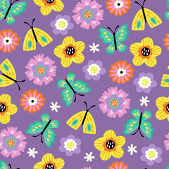 Seamless pattern for spring season. Childish background for fabric, wrapping paper, textile, wallpaper and cards.