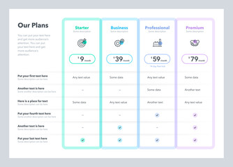 Modern pricing table template with four plans. Flat infographic design template for website or presentation.