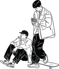 Young People Hang out Skateboard gangster Hand drawn line art illustration