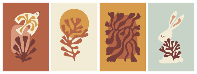 Fototapeta premium Modern wall art print set. Abstract leaves and shapes in Nordic Scandinavian style. Hand drawn greeting card or poster design