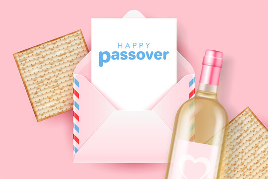 Passover holiday concept with envelope, matzah and wine bottle. Modern holiday template for web banner, greeting card, advertising sale poster