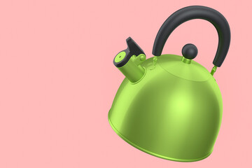 Stainless steel stovetop kettle with whistle isolated on pink background.