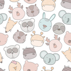 Obraz premium Child seamless pattern with hand drawn animals. Seamless background with funny animals head. baby style great for fabric and textile, wallpapers