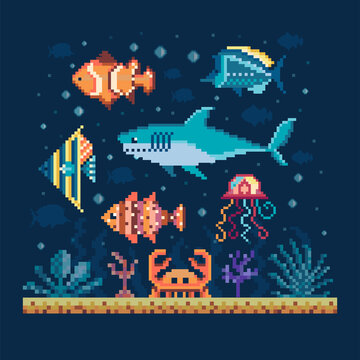 Pixel Art Fishes On Seabed Underwater Landscape