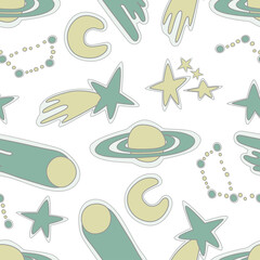 Galaxy cosmic seamless pattern with planets, stars and comets. Childish vector hand drawn cartoon illustration in simple scandinavian style. Pastel isolated on a white background.