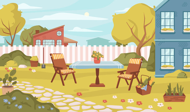 Backyard with table and fence, furniture and basket for eating outside. Vector flat style exterior and landscape, trees and bushes, flowers in blossom and bloom. Spring season background