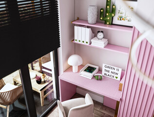 stylish teen room interior with workspace, desk teen room, Modern nursery interior with work station, 
Kids homeschooling, online remote distance virtual learning, banner