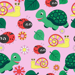 Seamless pattern for kids with animals. Turtle, ladybug and snail. On a pink background with flowers and leaves.